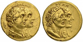 PTOLEMAIC KINGDOM. Ptolemy II, 285-246. Gold tetradrachm (1/2 Mnaieion) 261, Alexandria. With Arsinoe II, Ptolemy and Berenice I. Dated year 10 (261 B...