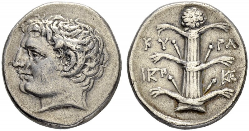 CYRENAICA. Cyrene. Didrachm 300/298. Obv. Head of young Apollo Carneios with ram...