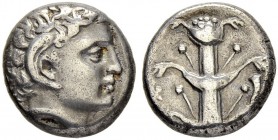 CYRENAICA. Cyrene. Didrachm 3rd century. Obv. Head of young Apollo Carneios with ram's horn to r. Rev. Silphium plant. Cornucopia on r. 7.56 g. BMC 23...