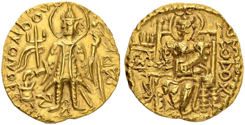 KINGDOM OF THE KUSHAN. Vasu Deva II, 267-300. Gold stater. Obv. Standing king wi...