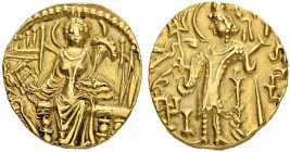REALM OF THE KIDARITES. Kidara. Gold dinar 4th/5th cent. Obv. Ruler standing to l. with trident. Rev. Goddess Ardosho enthroned facing. 7.76 g. Göbl 6...