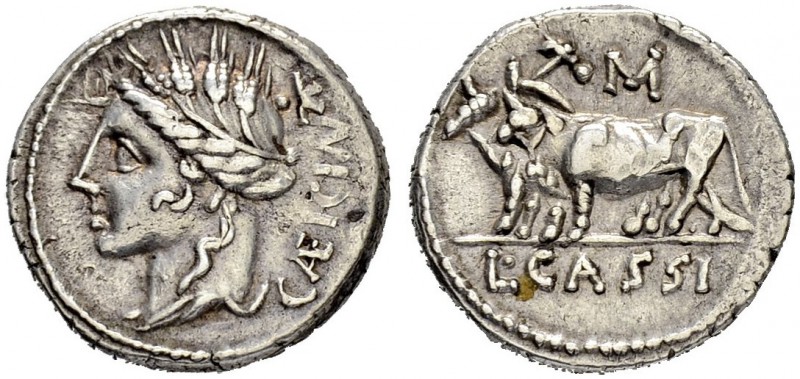 L. Cassius Caecianus. Denarius 102, Rome. Obv. CÆICIAN Head of Ceres to l., wear...