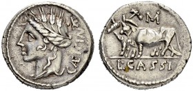 L. Cassius Caecianus. Denarius 102, Rome. Obv. CÆICIAN Head of Ceres to l., wearing wreath of grain ears; •K to upper right. Rev: L CASSI. Two yoked o...