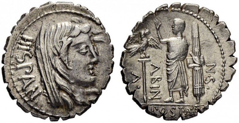 A. Postumius A. f. p. n. Albinus. Denarius (Serratus) 81, Rome. Obv. HISPAN Veil...