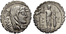 A. Postumius A. f. p. n. Albinus. Denarius (Serratus) 81, Rome. Obv. HISPAN Veiled head of Hispania to r. Rev. A - POST·A·F - S·N - ALBIN Togate figur...