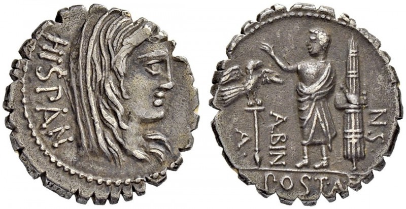 A. Postumius A. f. p. n. Albinus. Denarius (Serratus) 81, Rome. Obv. HISPAN Veil...
