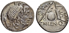 Cn. Lentulus. Denarius 76/75, Spanish mint? Obv. Draped bust of the Genius Populi Romani to r., sceptre over shoulder; above, G·P·R. Rev. Sceptre with...