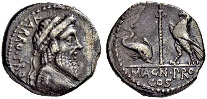 Cnaeus Pompeius Magnus. Denarius 48, Uncertain Greek mint. With Terentius Varro,...