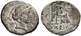 M. Porcius Cato. Denarius 47/46, Rome. Obv. M CATO PRO PR Draped bust of Roma to r., hair tied with fillet. ROMA (MA ligate) on l. Rev. Victory seated...