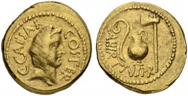 C. Iulius Caesar. Aureus 46, Rome. With A. Hirtius, Praetor. Obv. C CAESAR - COS TER Veiled head of Pietas to r. Rev. A. HIRTIVS PR Lituus, capis and ...