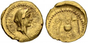 C. Iulius Caesar. Aureus 46, Rome. With A. Hirtius, Praetor. Obv. C CAESAR - COS TER Veiled head of Pietas to r. Rev. A HIRTIVS PR Lituus, capis and a...