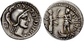 Cnaeus Pompeius Magnus. Denarius 46/45, Colonia Patricia (Cordoba). With M. Poblicius, legatus pro praetore, Cordoba. M.POBLICI.LEG.PRO. - PR Helmeted...