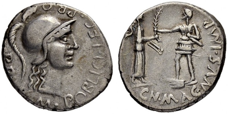 Cnaeus Pompeius Magnus. Denarius 46/45, Colonia Patricia (Cordoba). With M. Pobl...