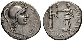 Cnaeus Pompeius Magnus. Denarius 46/45, Colonia Patricia (Cordoba). With M. Poblicius, legatus pro praetore, Cordoba. M.POBLICI.LEG.PRO. - PR Helmeted...