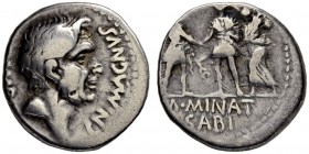 Cnaeus Pompeius Jr. with M. Minatius Sabinus. Denarius 46/45, Spanish mint. Obv. IMP - CN MAGN Bare head of Pompey the Great to r. Rev. Pompeian soldi...