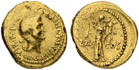 Marcus Antonius. Aureus 41, Mint in Gaul. Obv. M ANTONIVS·IM[P III R·]P·C Bare head of Marcus Antonius r.; behind, lituus. Rev. PIETAS - COS Pietas st...