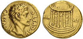 Augustus, 27 BC - 14 AD. Aureus 25/22, Colonia Patricia (Cordoba?). Obv. CAESARI - AVGVSTO Laureate head of Augustus to r. Rev. MAR - VLT Hexastyle ro...