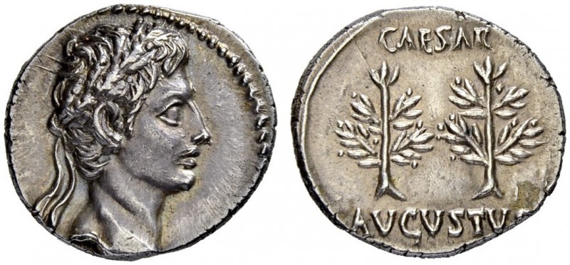 Augustus, 27 BC - 14 AD. Denarius 20/19, Spanish mint. Obv. Laureate head of Aug...