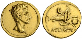 Augustus, 27 BC - 14 AD. Aureus 18/16, Colonia Patricia (Cordoba). Obv. Bare head of Augustus to r. Rev. Capricorn r., holding globe over rudder; abov...