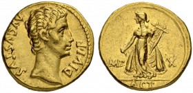 Augustus, 27 BC - 14 AD. Aureus 14/12, Lugdunum. Obv. AVGVSTVS - DIVI F Bare head to r. Rev. Apollo standing l., holding lyre and plectrum. IMP - X to...