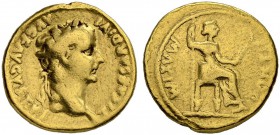 Tiberius, 14-37. Aureus 14/17, Lugdunum or legionary mint. Obv. TI CAESAR DIVI - AVG F AVGVSTVS Laureate head to r. Rev. PONTIF - MAXIM Female figure ...
