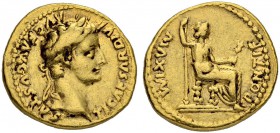 Tiberius, 14-37. Aureus 14/17, Lugdunum or legionary mint. Obv. TI CAESAR DIVI AVG F AVGVSTVS Laureate bust of Tiberius right; Rev. PONTIF-MAXIM Drape...