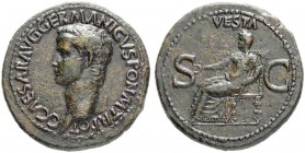 Caligula, 37-41. As 37/38. Obv. C CAESAR AVG GERMANICVS PON M TR POT Bare head to l. Rev. VESTA / S - C Vesta enthroned to l. holding sceptre and pate...