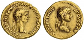 Claudius, 41-54. Aureus 50/54, Rome or Lugdunum. With Agrippina Jr. Obv. TI CLAVD CAESAR AVG GERM P M TRIB POT P P Laureate head of Claudius to r. Rev...
