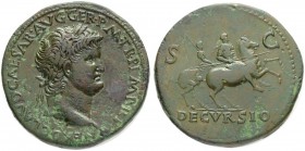 Nero, 54-68. Sestertius c. 65, Lugdunum. Obv. NERO CLAVD CAESAR AVG GER P M TR P IMP P P Laureate head r., with globe at point of bust. Rev. Nero, bar...