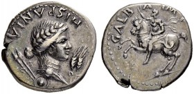 Galba, 68-69. Denarius 68, Tarraco (?) Obv. HISPANIA Laureate and draped bust of Hispania to r., two javelins behind, round shield below, two corn ear...