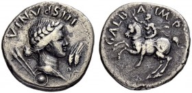 Galba, 68-69. Denarius 68, Tarraco (?) Obv. HISPANIA Laureate and draped bust of Hispania to r. two javelins behind, round shield below, two corn ears...