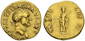Vespasianus, 69-79. Aureus 71, Lugdunum. Obv. IMP CAESAR VESPASIANVS AVG Laureate head to r. Rev. TR POT COS III Aequitas standing to l. with scales a...
