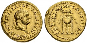 Titus, as Caesar, 69-79. Aureus 80, Rome. IMP TITVS CAES VESPASIAN AVG P M Laureate head to r. Rev. TR P IX IMP XV COS VIII P P Tripod with fillets, s...