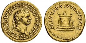 Domitian, as Caesar, 69-79. Aureus 80, Rome. Obv. CAESAR DIVI F DOMITIANVS COS VII Laureate head to r. Rev. PRINCEPS IVVENTVTIS Altar with garlands. 7...