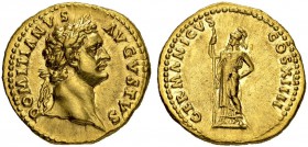 Domitian, 81-96. Aureus 88, Rome. Obv. DOMITIANVS – AVGVSTVS Laureate head to r. Rev. GERMANICVS – COS XIIII Minerva, helmeted and draped, standing l....