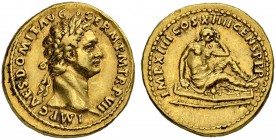 Domitian, 81-96. Aureus 88, Rome. Obv. IMP CAES DOMIT AVG GERM P M TR P VII Laureate head to r. Rev. IMP XIIII COS XIIII CENS P P P Germania, bare-bre...