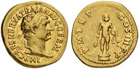 Traianus, 98-117. Aureus 100, Rome. Obv. IMP CAES NERVA TRAIAN AVG GERM Laureate bust to r. Rev. P M TR P COS III P P Naked Hercules standing facing, ...