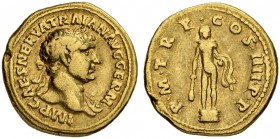 Traianus, 98-117. Aureus 101/102, Rome. Obv. IMP CAES NERVA TRAIAN AVG GERM Laureate bust to r. with drapery on l. shoulder. Rev. P M TR P COS IIII P ...