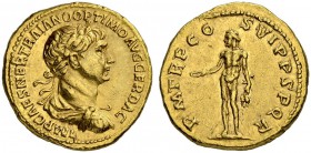 Traianus, 98-117. Aureus 114/117, Rome. Obv. IMP CAES NER TRAIANO OPTIMO AVG GER DAC Laureate, draped and cuirassed bust r. Rev. P M TR P CO - S VI P ...
