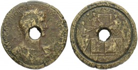 Hadrianus, 117-138. Contorniate 117/118, Rome. Obv. Laureate, draped and cuirassed bust to r. Rev. Hadrian seated l. on platform, extending r. hand; i...