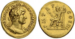 Hadrianus, 117-138. Aureus 118, Rome. Obv. IMP CAESAR TRAIAN HADRIANVS AVG Laureate, draped and cuirassed bust to r. Rev. P M TR P - COS III Jupiter s...