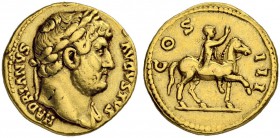 Hadrianus, 117-138. Aureus 125/128, Rome. Obv. HADRIANVS - AVGVSTVS Laureate head to r., slight drapery on l. shoulder. Rev. COS - III Emperor on hors...