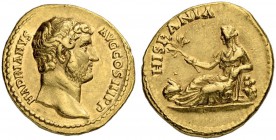 Hadrianus, 117-138. Aureus 134/138, Rome. Obv. HADRIANVS - AVG COS III PP Bare head to r. Rev. HISPANIA Hispania reclining to l. against rock, holding...
