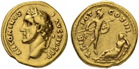 Antoninus Pius, 138-161. Aureus 140/144, Rome. Obv. ANTONINVS - AVG PIVS P P Laureate head to l. Rev. TRIB - POT - COS III Mars advancing to r. holdin...