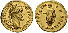 Antoninus Pius, 138-161. Aureus 155/156, Rome. Obv. ANTONINVS AVG - PIVS P P IMP II Laureate head to r. Rev. TR POT - XIX - COS IIII Antoninus standin...