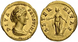 Faustina senior, wife of Antoninus Pius. Aureus 141/161, Rome. Obv. DIVA FAVSTINA Draped bust with pearlstrands in hair to r. Rev. AETER - NITAS Fortu...