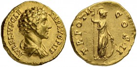 Marcus Aurelius as Caesar, 139-161. Aureus 147/148, Rome. Obv. AVRELIVS CAE - SAR AVG P II F Draped, bareheaded bust to r. Rev. TR POT II - COS II Min...