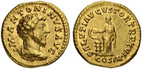 Marcus Aurelius, 161-180. Aureus 161/162, Rome. Obv. M ANTONINVS AVG Draped, bareheaded bust to r. Rev. SALVTI AVGVSTOR TR P XVI Salus standing l. hol...