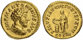 Marcus Aurelius, 161-180. Aureus 162/163, Rome. Obv. IMP M ANTONINVS AVG Draped, bareheaded and cuirassed bust to r. Rev. SALVTI AVGVSTOR TR P XVII Sa...