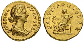 Faustina II, wife of Marcus Aurelius, 147-175. Aureus 161/176, Rome. Obv. FAVSTINA - AVGVSTA Draped bust to r. Rev. SALVTI AVGVSTAE Salus seated to l....